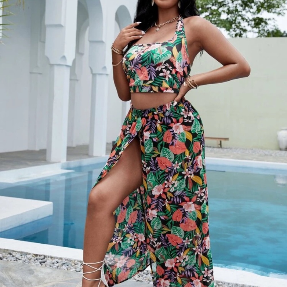 SHEIN plus tropical halter top slit skirt set 4x